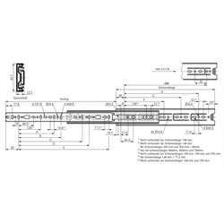 Auszugschienen DH 3832 korrosionsbeständig, Breite 12,7 mm, bis 50 kg, Vollauszug, Technische Zeichnung