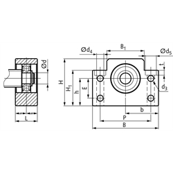 Stehlagereinheit BF 30   Bohrung 30mm    Gehäuse aus Stahl vernickelt, Technische Zeichnung