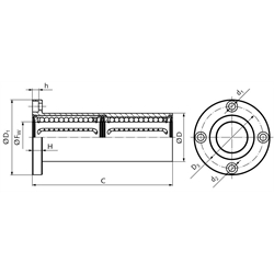 Tandem-Linearkugellager KBT-ST-FL mit rundem Flansch, lange Ausführung, Technische Zeichnung