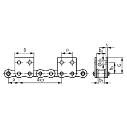 Rollenketten mit Flachlaschen M2 = breite Form, 4 x p, zweiseitig, Technische Zeichnung