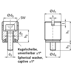 Präzisions-Nivellierelemente mit unverlierbarer Kugelscheibe, Edelstahl, Technische Zeichnung