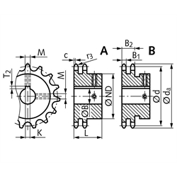 Zweifach-Kettenrad ZRF mit einseitiger Nabe   12 B-2   18 Zähne   Bohrung 25H7   Passfedernut DIN 6885/1   2 Stellschraubengewinde   Material Stahl   Zähne induktiv gehärtet, Technische Zeichnung